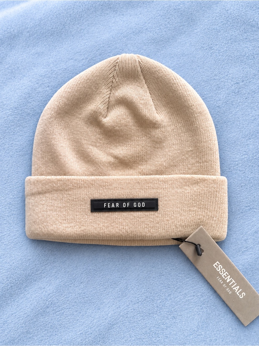 Fear of God Beige Knit Beanie with Black Logo Patch